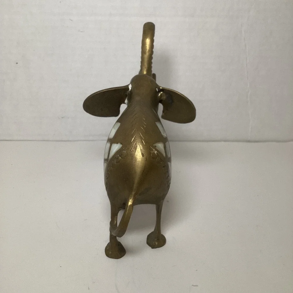Vintage Brass Elephant Figurine Mother of Pearl Inlay Trunk Up Good Luck Decor